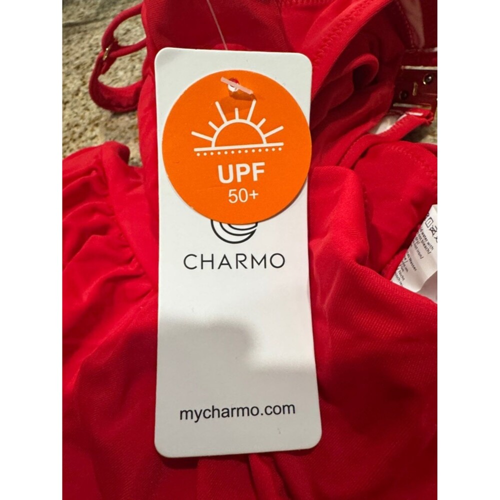 Charmo One Piece Swimsuit Cutout Red High Waisted Monokini Red Medium NWT - Picture 7 of 10